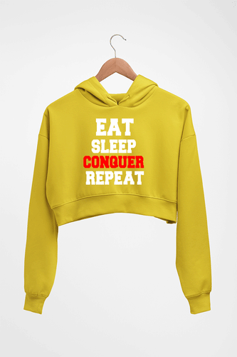 eat sleep conquer repeat Crop HOODIE FOR WOMEN-Mustard Yellow-Ektarfa.online