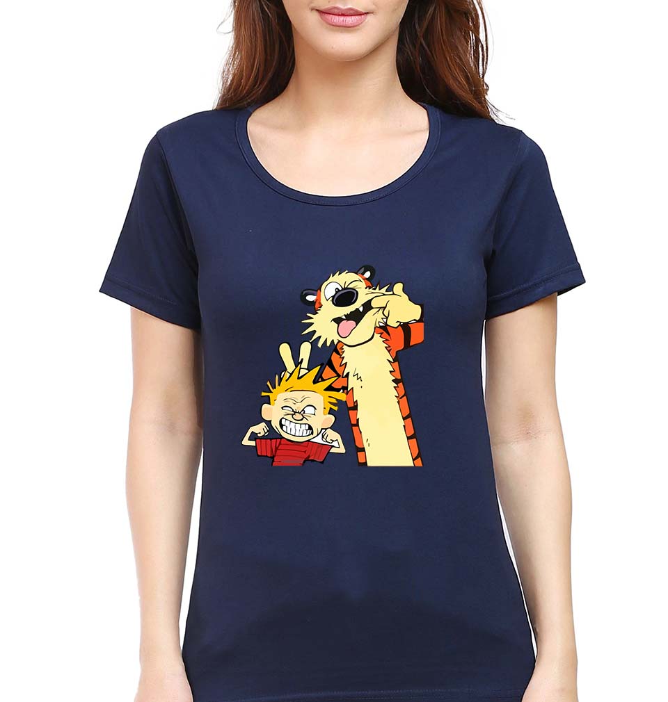 calvin hobbes T-Shirt for Women-Navy Blue-Ektarfa.online