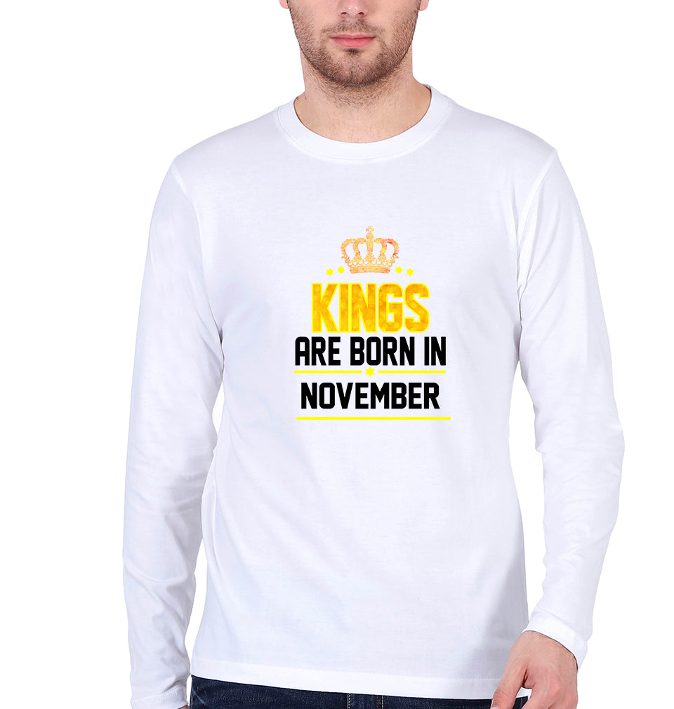 Kings Are Born In November Full Sleeves T-Shirt for Men-White-Ektarfa.online
