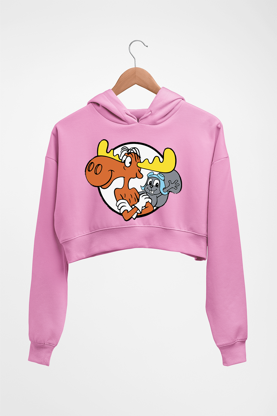 The Adventures of Rocky and Bullwinkle and Friends Crop HOODIE FOR WOMEN-Light Baby Pink-Ektarfa.online