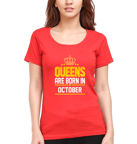 Queens Are Born In October T-Shirt for Women-Red-Ektarfa.online