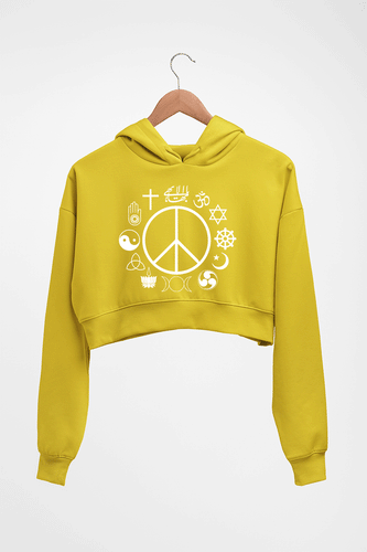 Peace Religious Symbols Crop HOODIE FOR WOMEN-Mustard Yellow-Ektarfa.online