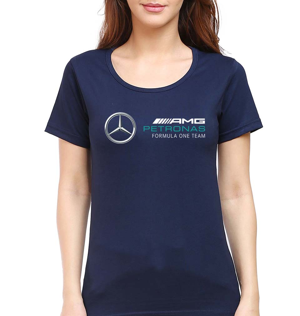 Mercedes AMG Petronas F1 T-Shirt for Women-XS(32 Inches)-Navy Blue-Ektarfa.online