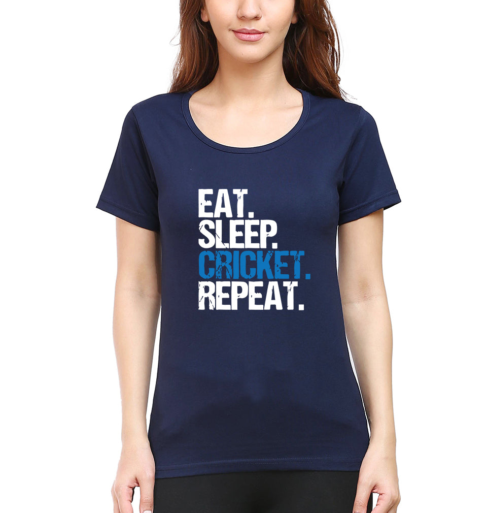 CRICKET Eat Sleep Cricket Repeat T-Shirt for Women-Navy Blue-Ektarfa.online