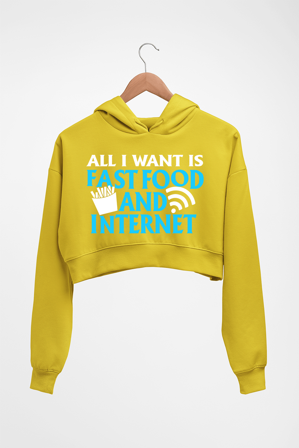 Fast Food and Internet Funny Crop HOODIE FOR WOMEN-Mustard Yellow-Ektarfa.online