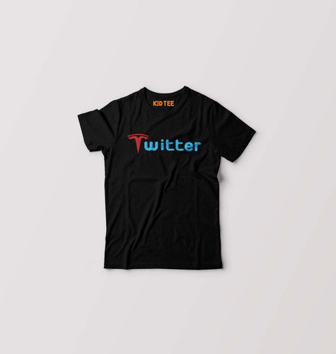 Elon Musk Twitter x Tesla Kids T-Shirt for Boy/Girl-Black-Ektarfa.online