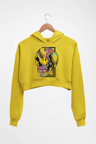 Trippy Psychedelic Skull Emoji Crop HOODIE FOR WOMEN-Mustard Yellow-Ektarfa.online