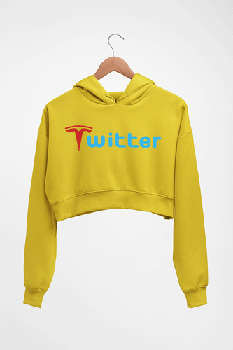Elon Musk Twitter x Tesla Crop HOODIE FOR WOMEN-Mustard Yellow-Ektarfa.online