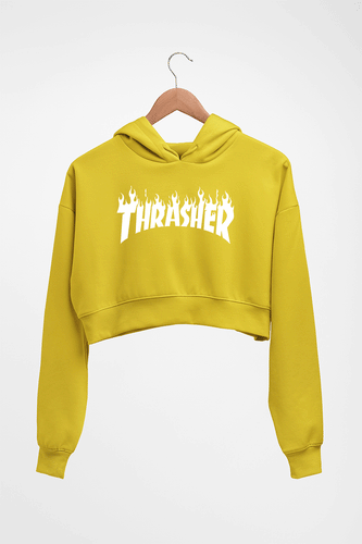 Thrasher Crop HOODIE FOR WOMEN-Mustard Yellow-Ektarfa.online