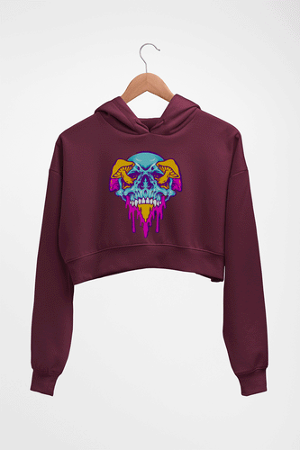 Trippy Psychedelic Skull Crop HOODIE FOR WOMEN-Maroon-Ektarfa.online