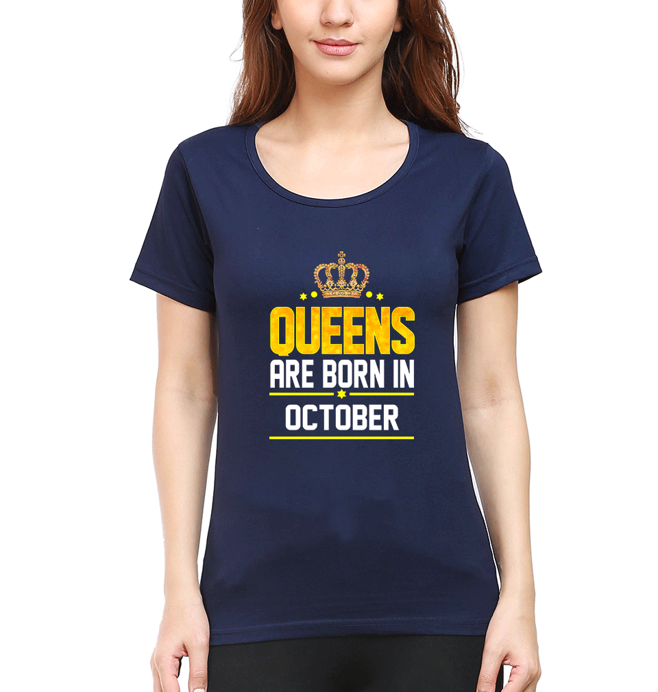 Queens Are Born In October T-Shirt for Women-Navy Blue-Ektarfa.online