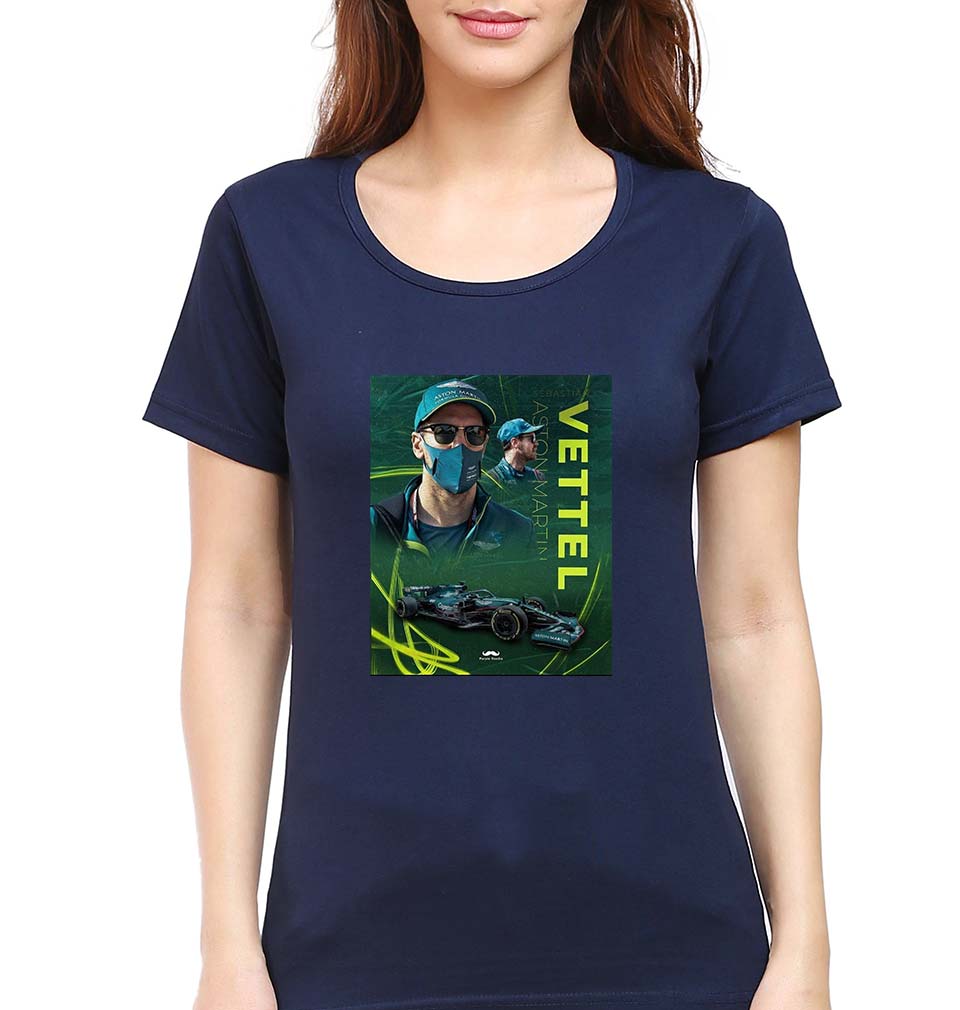 Sebastian Vettel F1 T-Shirt for Women-XS(32 Inches)-Navy Blue-Ektarfa.online