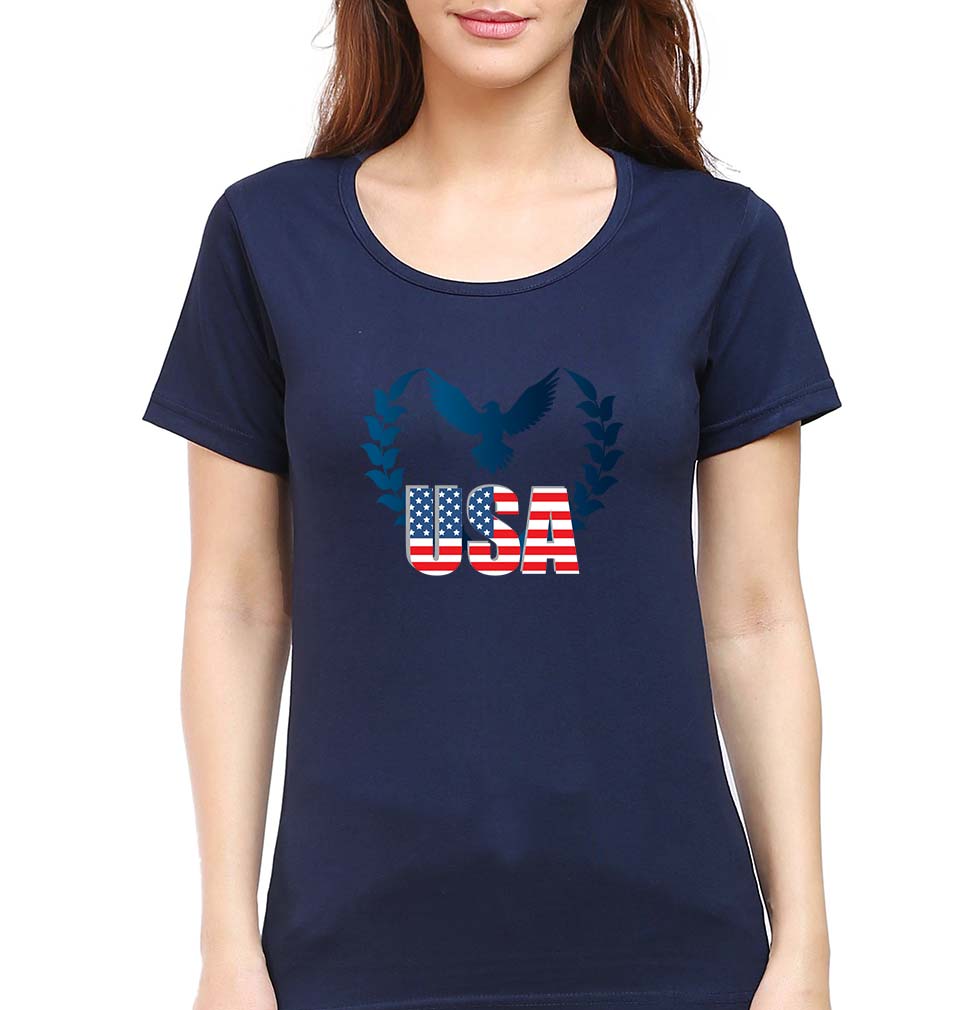 USA America T-Shirt for Women-Navy Blue-Ektarfa.online