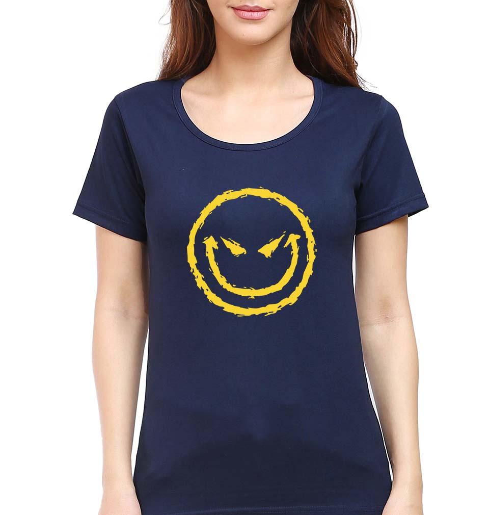 Evil Smile Emoji T-Shirt for Women-Navy Blue-Ektarfa.online