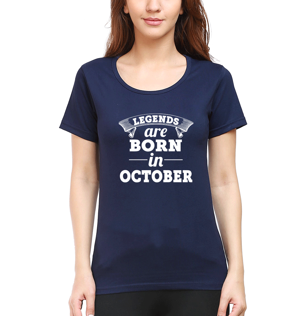 Legends are Born in October T-Shirt for Women-Navy Blue-Ektarfa.online