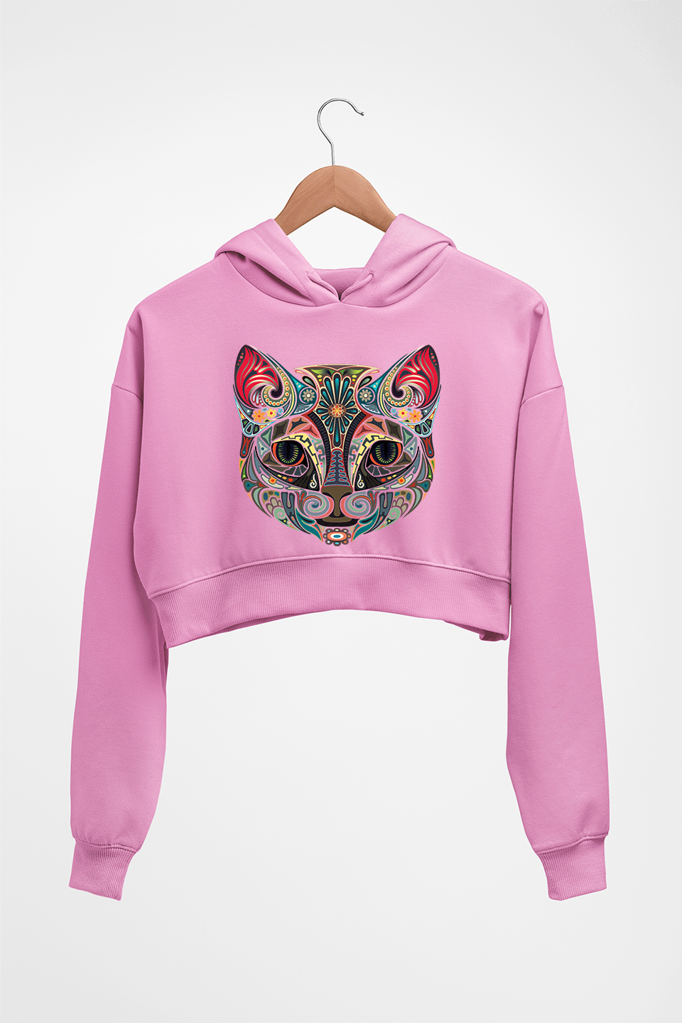 Psychedelic Cat Crop HOODIE FOR WOMEN-Light Baby Pink-Ektarfa.online