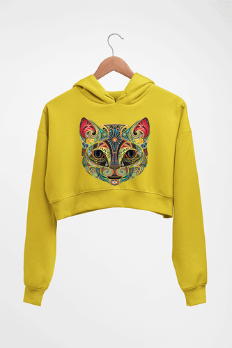 Psychedelic Cat Crop HOODIE FOR WOMEN-Mustard Yellow-Ektarfa.online