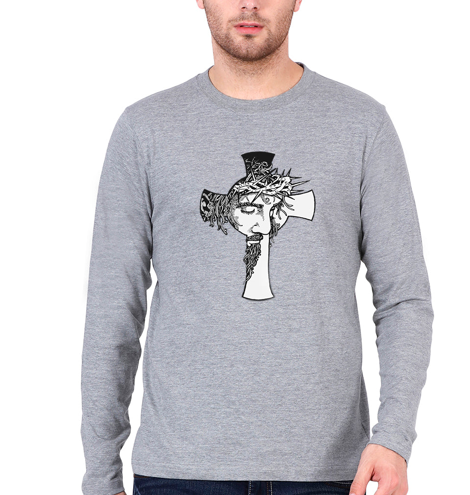 Jesus Full Sleeves T-Shirt for Men-Grey Melange-Ektarfa.online