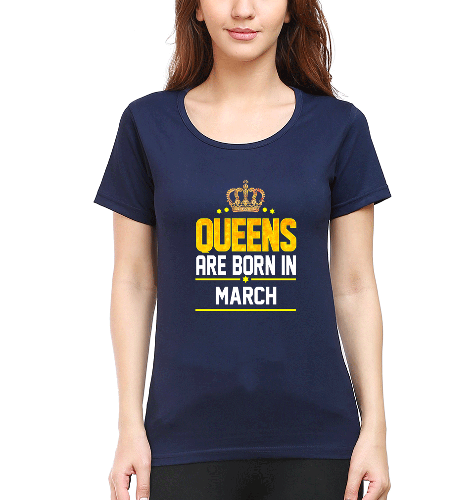 Queens Are Born In March T-Shirt for Women-Navy Blue-Ektarfa.online