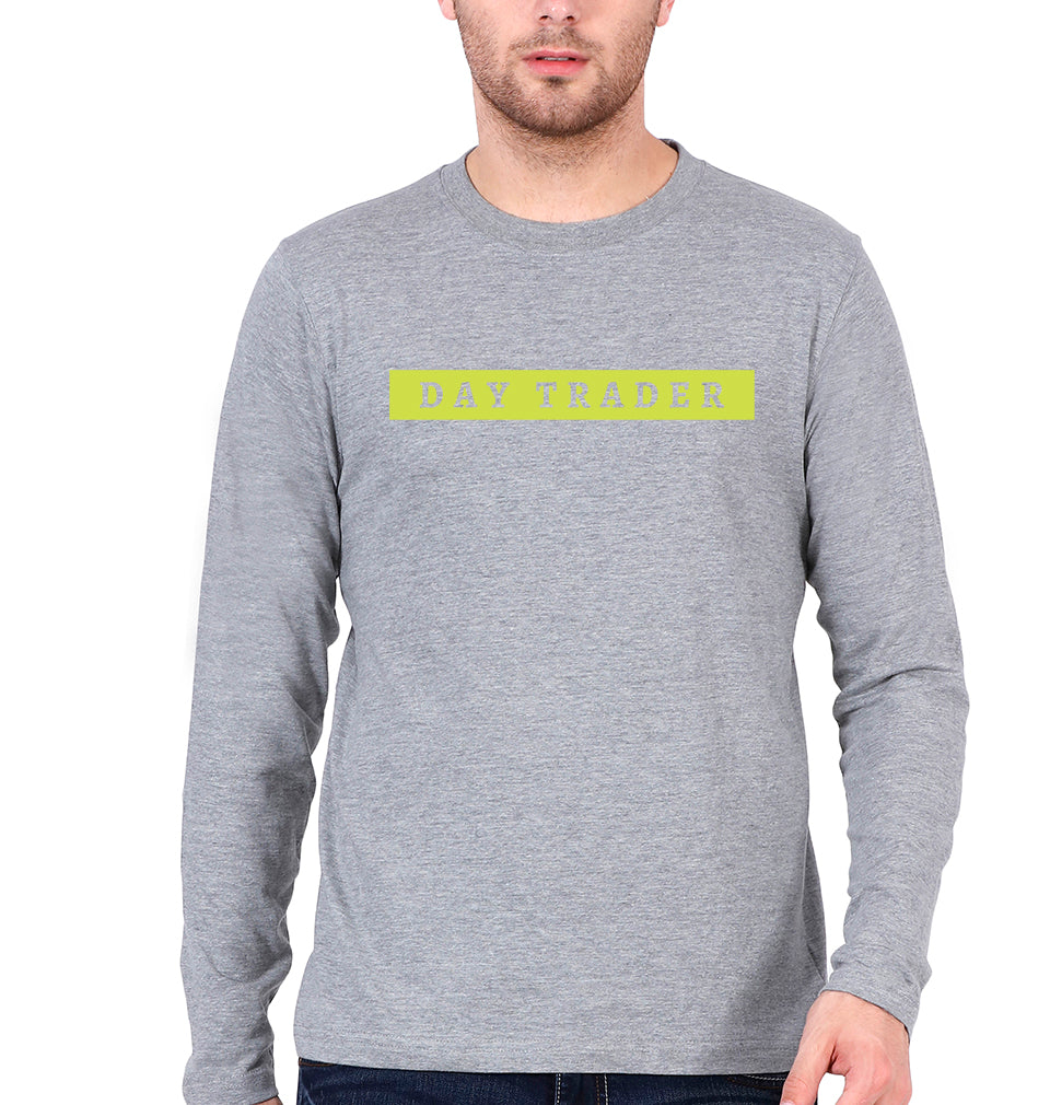 Day Trader Share Market Full Sleeves T-Shirt for Men-S(38 Inches)-Grey Melange-Ektarfa.online