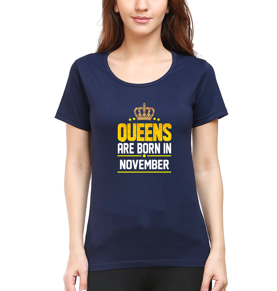 Queens Are Born In November T-Shirt for Women-Navy Blue-Ektarfa.online