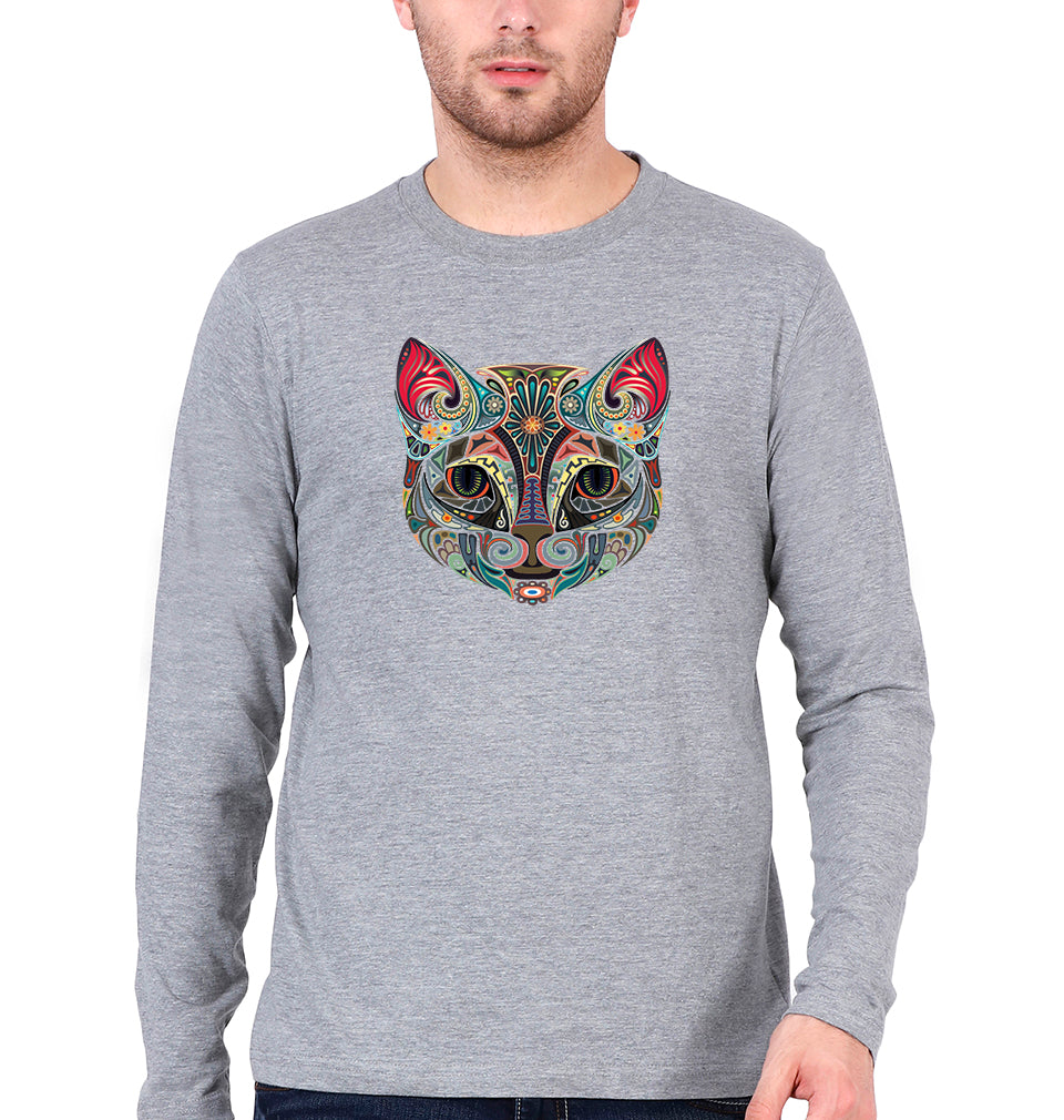 Psychedelic Cat Full Sleeves T-Shirt for Men-Grey Melange-Ektarfa.online