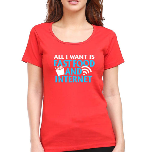 Fast Food and Internet T-Shirt for Women-Red-Ektarfa.online
