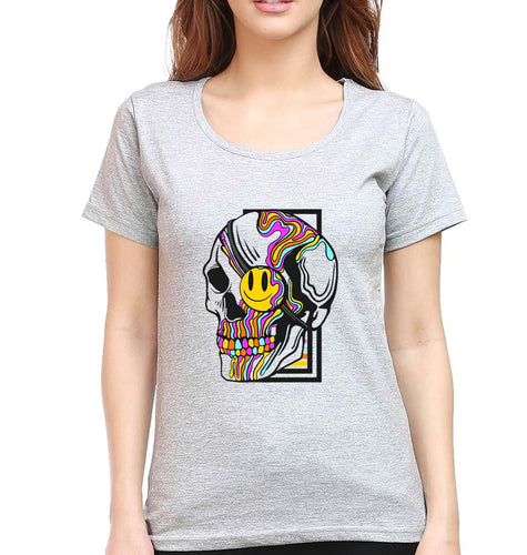 Trippy Psychedelic Skull Emoji T-Shirt for Women-Grey Melange-Ektarfa.online