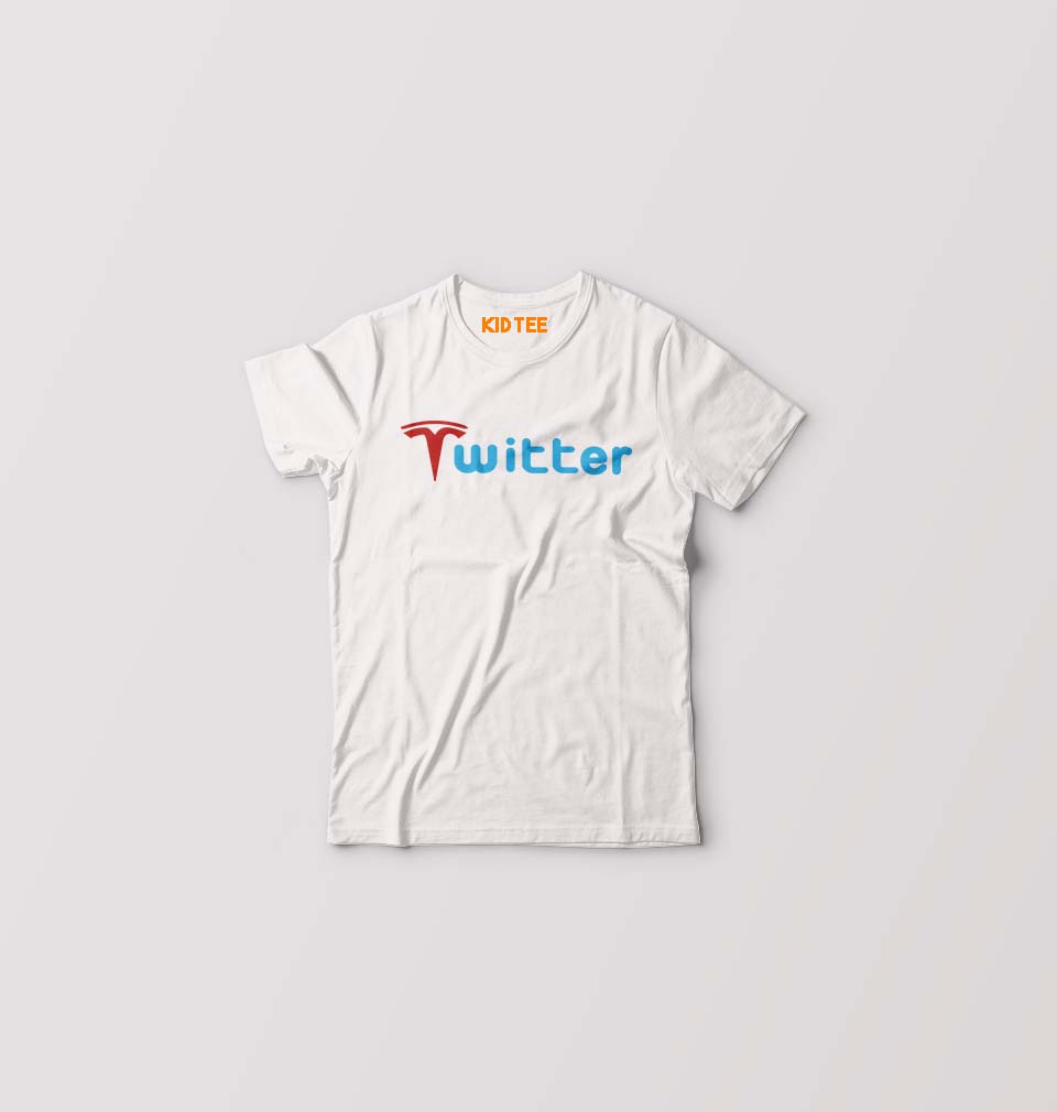 Elon Musk Twitter x Tesla Kids T-Shirt for Boy/Girl-White-Ektarfa.online