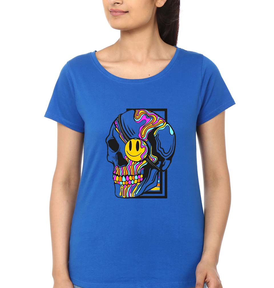 Trippy Psychedelic Skull Emoji T-Shirt for Women-Royal Blue-Ektarfa.online